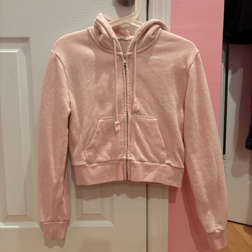 Brandy Melville Crystal Pink Cropped Zip Hoodie